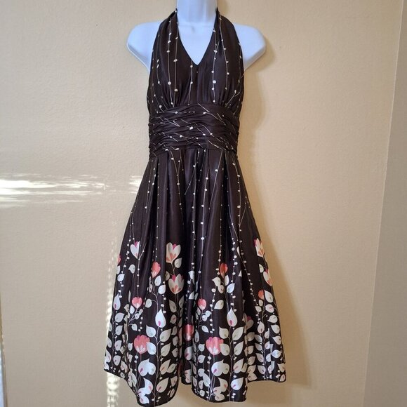 Vintage Jessica Howard Brown‎ Halter Dress Babydoll Coquette Y2K Sz 8 - Picture 1 of 13